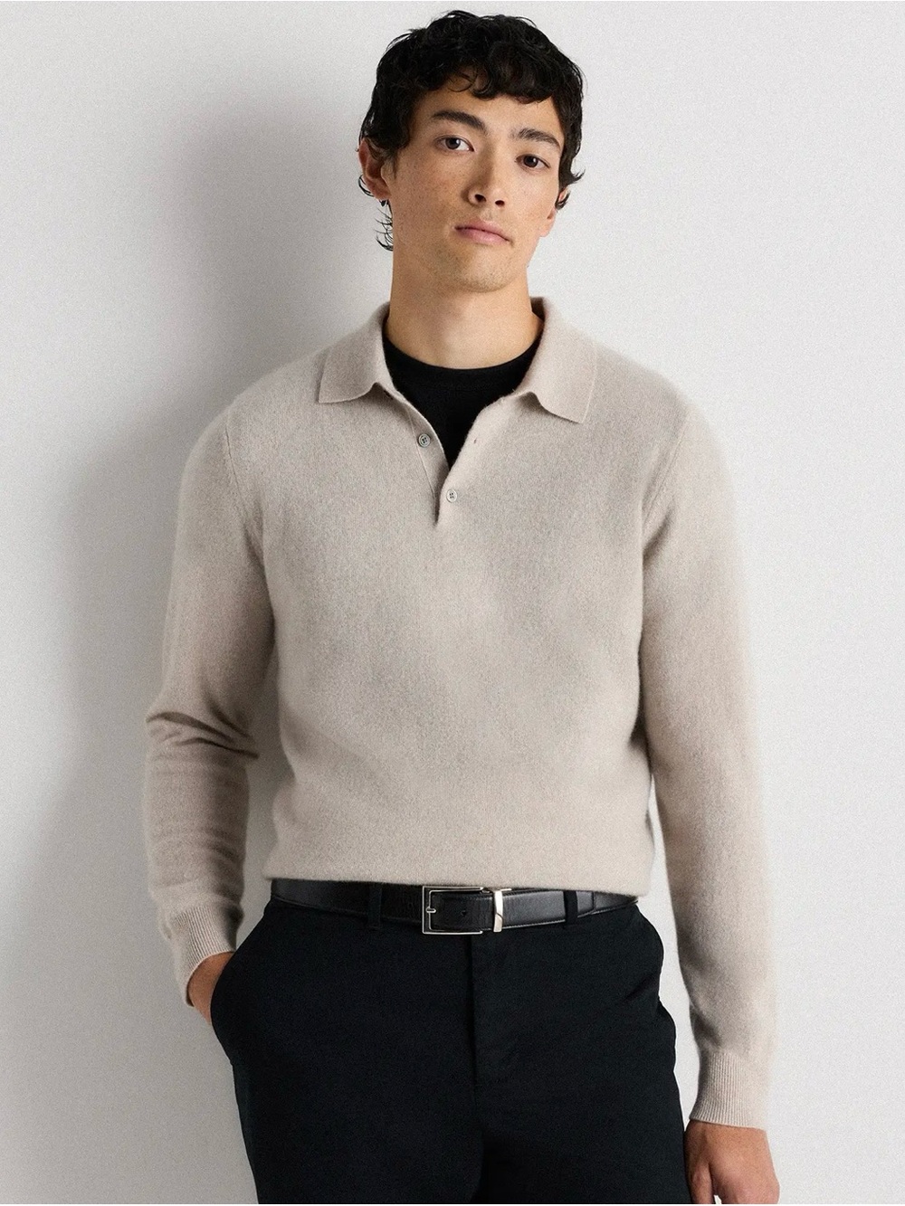 Quince Mongolian Cashmere Polo Sweater Heather Cloud Beige